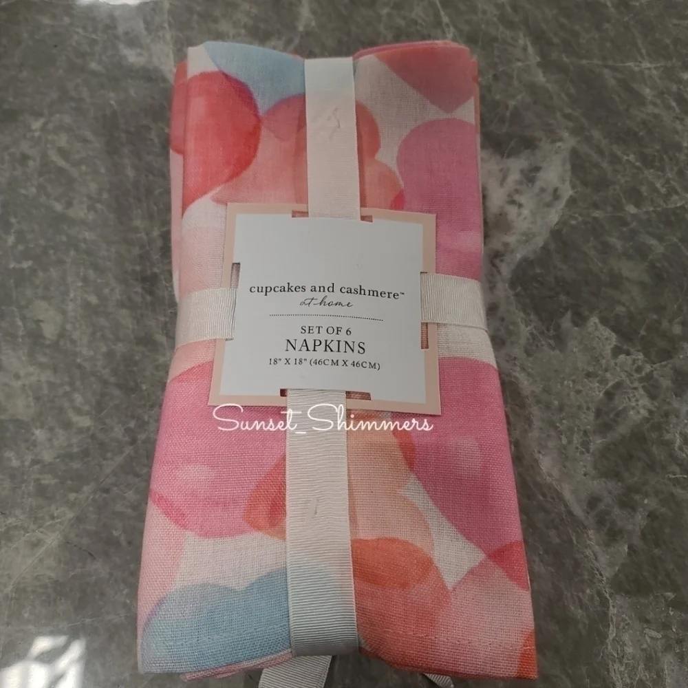6pc Set Cupcakes & Cashmere Watercolor Valentine Hearts Cloth Dinner Napkins New
